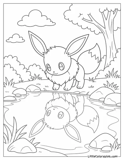 Eevee Looking at Its Reflection in a Still Pond Coloring Page