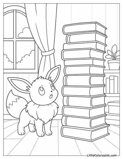 Eevee Looking Up Curiously at a Tall Stack of Books Coloring Page