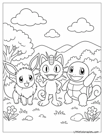 Eevee Meowth and Squirtle Lined Up for a Group Photo Coloring Page