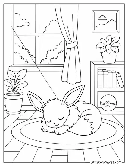 Eevee Napping in a Cozy Room Coloring Page