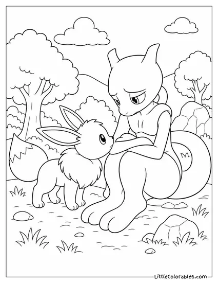 Eevee Nudging a Sad Mewtwo Gently with its Nose Coloring Page