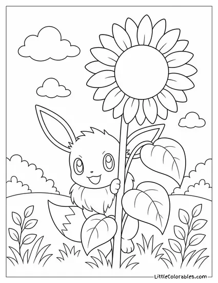 Eevee Peeking Out from Behind a Tall Sunflower Coloring Page