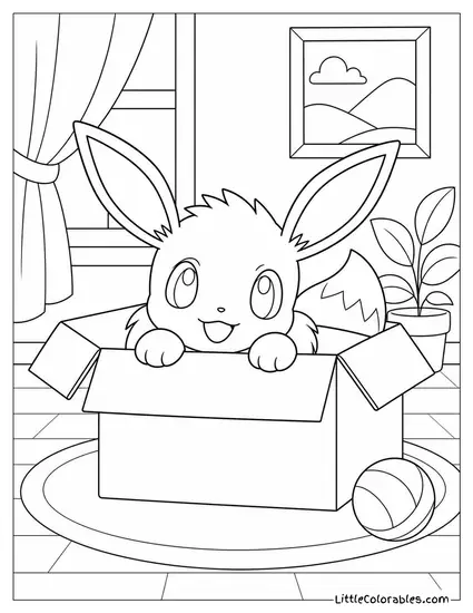 Eevee Peeking Out of a Cardboard Box Curiously Coloring Page