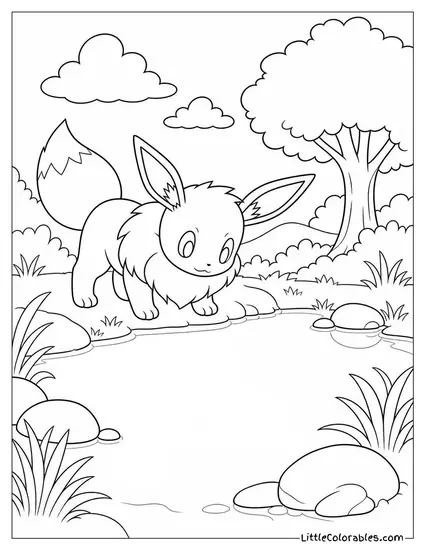 Eevee Playfully Looking at a Still Pond Coloring Page