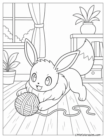 Eevee Playing with a Ball of Yarn on a Wooden Floor Coloring Page