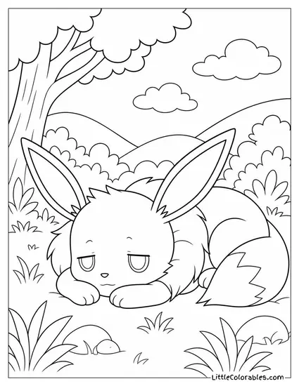 Eevee Resting Its Head on Its Front Paws Looking Sleepy Coloring Page