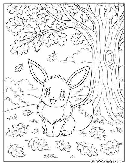 Eevee Sitting Beneath a Large Oak Tree in Autumn Coloring Page