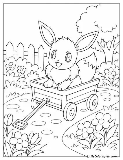 Eevee Sitting in a Wagon Being Pulled Through a Garden Coloring Page