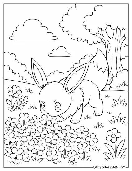 Eevee Sniffing a Patch of Clover Searching for a Lucky One Coloring Page
