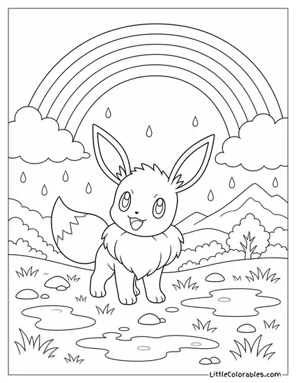 Eevee Standing Under a Rainbow After a Passing Storm Coloring Page