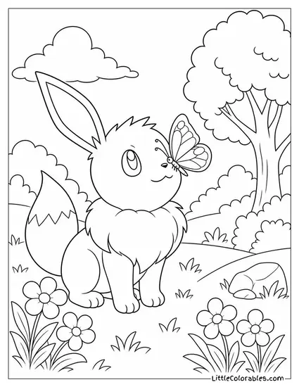 Eevee Watching a Butterfly Land Gently on Its Nose Coloring Page