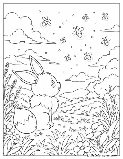 Eevee Watching Fireflies Rise from a Meadow at Twilight Coloring Page