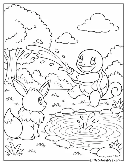 Eevee Watching Squirtle Practice Water Gun Tricks Coloring Page