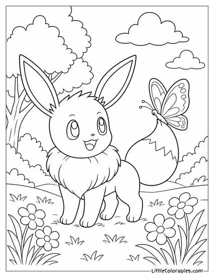 Eevee with a Butterfly Resting on the Tip of Its Tail Coloring Page