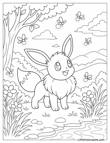 Eevee with Fireflies Glowing Softly Around It at Dusk Coloring Page