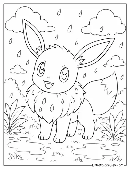 Eevee with Raindrops Clinging to Its Fluffy Collar Fur Coloring Page