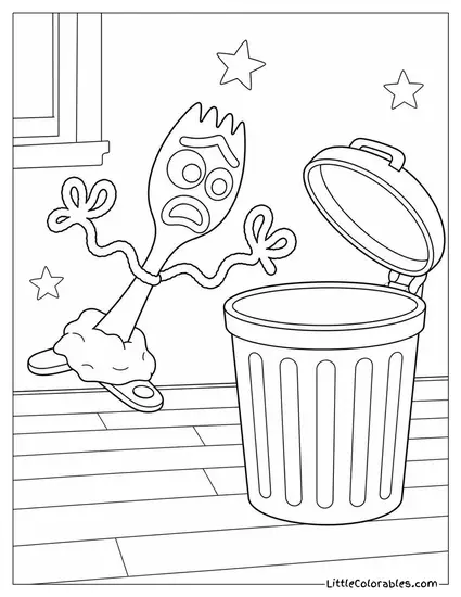 Forky Trying to Throw Himself in a Trash Can Toy Story Coloring Page