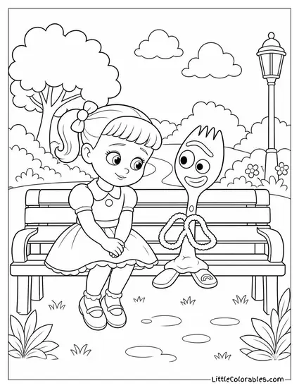Gabby Gabby and Forky on a Park Bench Heart to Heart Toy Story Coloring Page