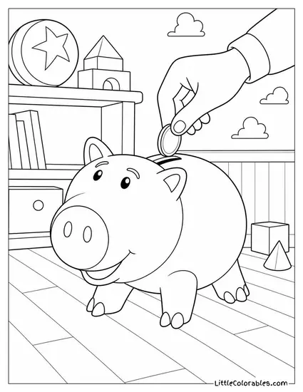 Hamm Acting as a Piggy Bank Being Dropped Coins Toy Story Coloring Page