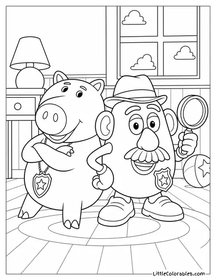 Hamm and Mr Potato Head Doing a Buddy Cop Pose Toy Story Coloring Page