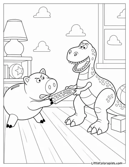 Hamm and Rex Arguing Over the Tv Remote Toy Story Coloring Page