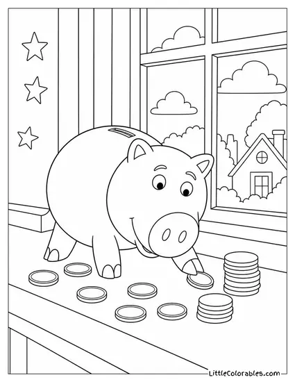 Hamm Counting Coins on a Windowsill Toy Story Coloring Page
