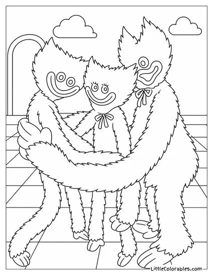 Huggy Wuggy and Kissy Missy Hugging Tight Coloring Page