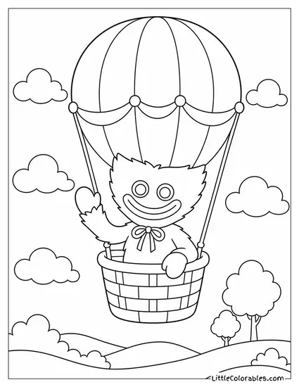 Huggy Wuggy Flying in a Hot Air Balloon Coloring Page