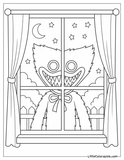 Huggy Wuggy Grinning Through a Window at Night Coloring Page