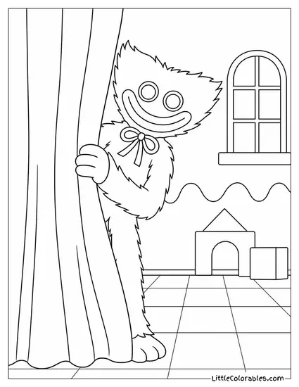 Huggy Wuggy Hiding Behind a Curtain Coloring Page