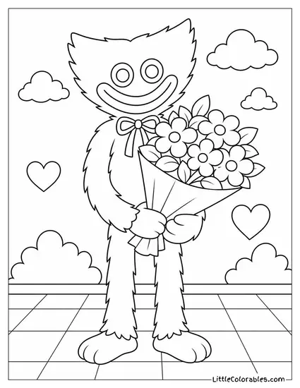 Huggy Wuggy Holding a Bouquet of Flowers Coloring Page