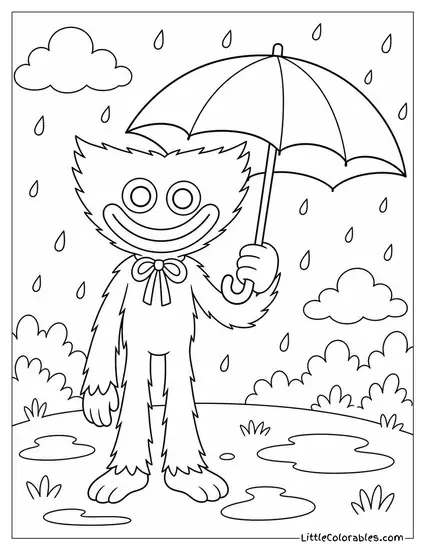 Huggy Wuggy Holding an Umbrella in the Rain Coloring Page