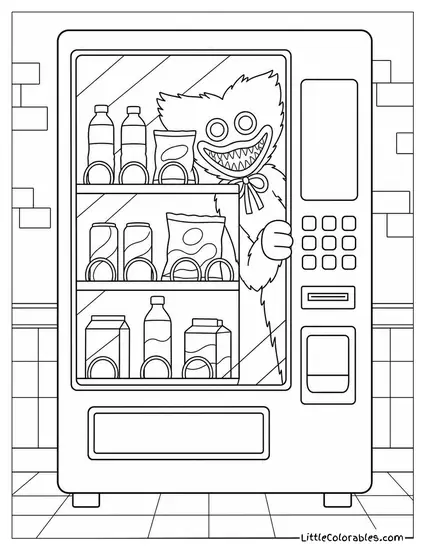 Huggy Wuggy Looking Out from Behind Vending Machine Glass Coloring Page