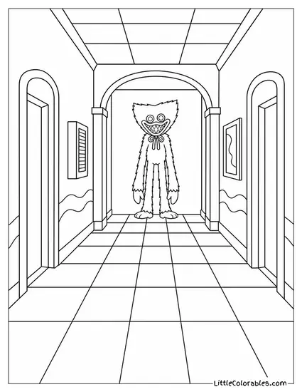 Huggy Wuggy Lurking at the End of a Long Corridor Coloring Page