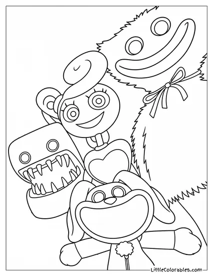 Huggy Wuggy Mommy Long Legs and Boxy Boo Posing for a Selfie Coloring Page