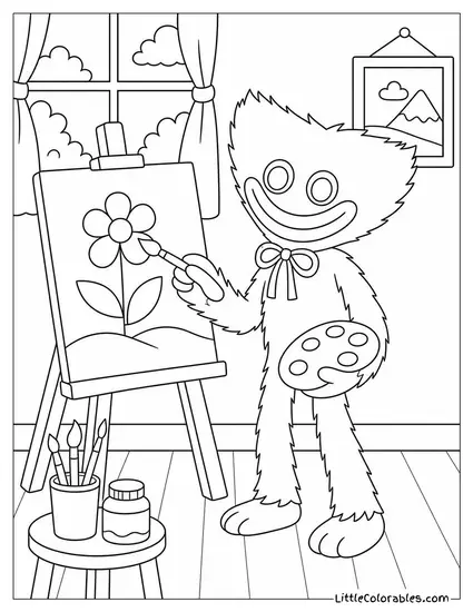Huggy Wuggy Painting a Picture Coloring Page