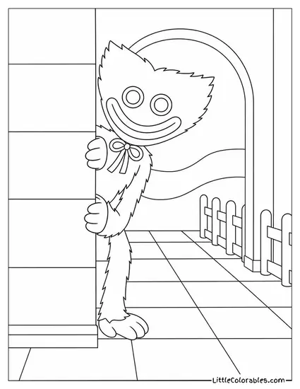 Huggy Wuggy Peeking Around a Corner Coloring Page