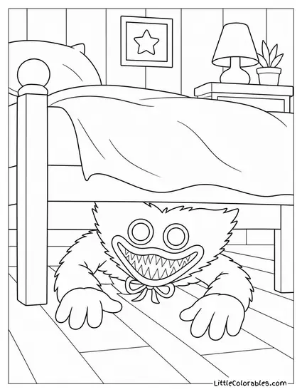 Huggy Wuggy Peeking Out from Under a Bed Coloring Page