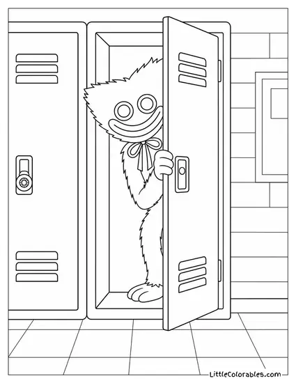 Huggy Wuggy Peering Out from Inside a Locker Coloring Page