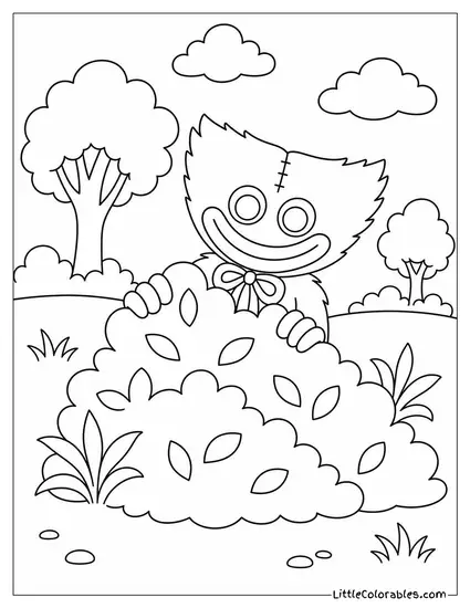Huggy Wuggy Playing Hide and Seek Behind a Bush Coloring Page