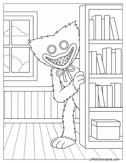 Huggy Wuggy Poking Out from Behind a Bookshelf Coloring Page