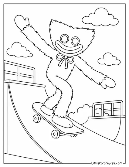 Huggy Wuggy Riding a Skateboard Down a Ramp Coloring Page