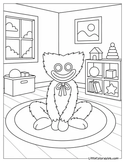 Huggy Wuggy Sitting Alone in an Empty Playroom Coloring Page