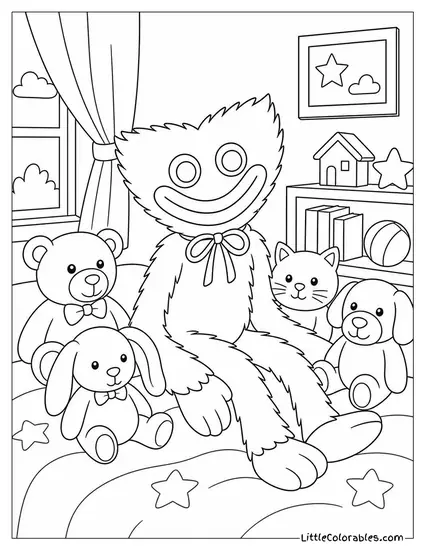 Huggy Wuggy Sitting in a Child's Bedroom Surrounded by Stuffed Animals Coloring Page