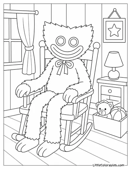 Huggy Wuggy Sitting in a Rocking Chair in a Dim Room Coloring Page
