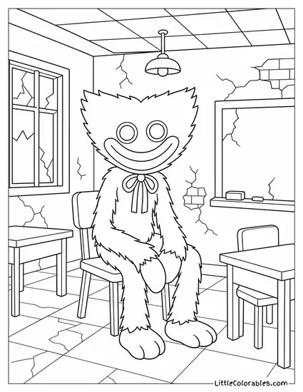 Huggy Wuggy Sitting in an Abandoned Classroom Coloring Page