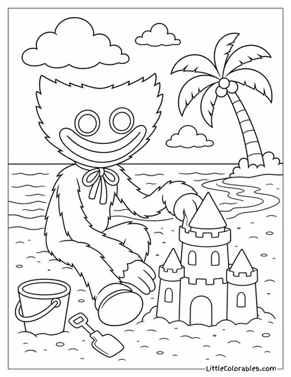Huggy Wuggy Sitting on a Beach with a Sandcastle Coloring Page