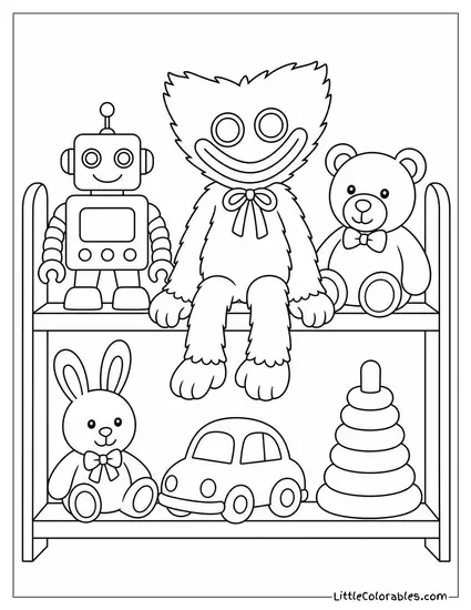 Huggy Wuggy Sitting on a Toy Shelf Among Other Toys Coloring Page