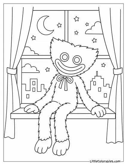 Huggy Wuggy Sitting on a Windowsill at Night Coloring Page