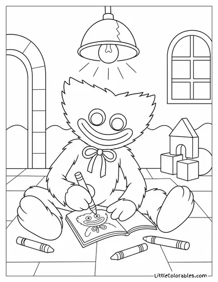Huggy Wuggy Sitting Under a Flickering Lamp Coloring Page